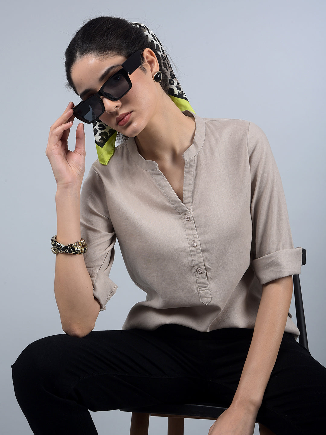 Beige V-Neck Linen Top-Women Tops-Crimsoune Club