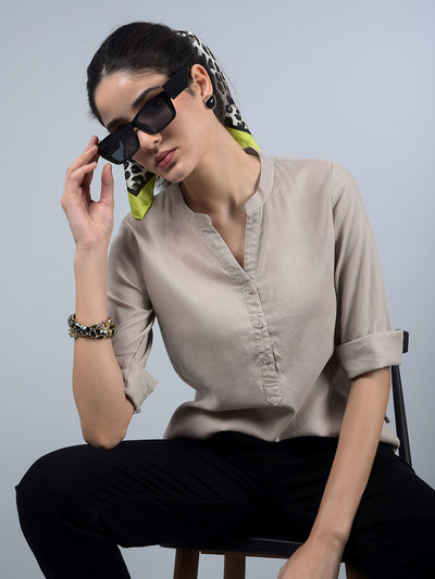 Beige V-Neck Linen Top-Women Tops-Crimsoune Club