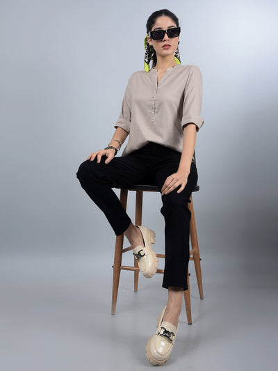 Beige V-Neck Linen Top-Women Tops-Crimsoune Club