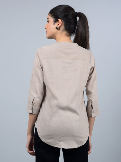 Beige V-Neck Linen Top-Women Tops-Crimsoune Club