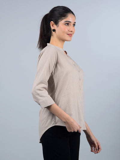 Beige V-Neck Linen Top-Women Tops-Crimsoune Club