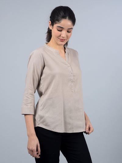 Beige V-Neck Linen Top-Women Tops-Crimsoune Club