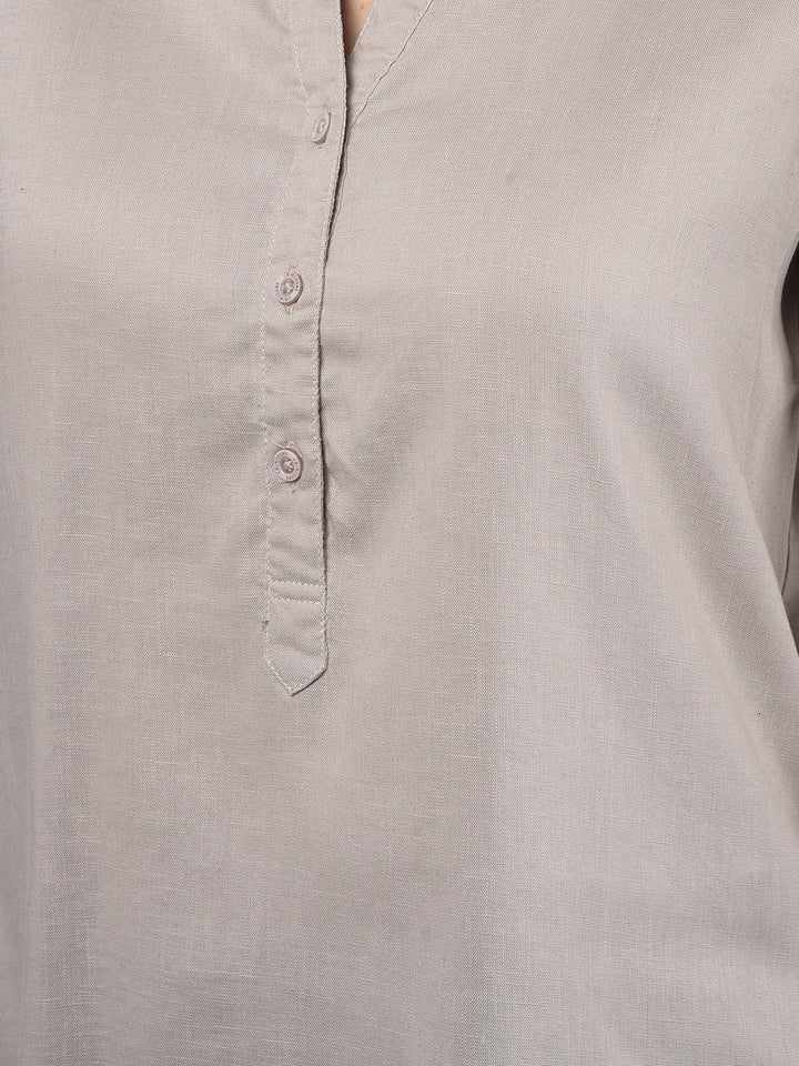 Beige V-Neck Linen Top-Women Tops-Crimsoune Club