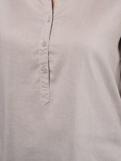 Beige V-Neck Linen Top-Women Tops-Crimsoune Club