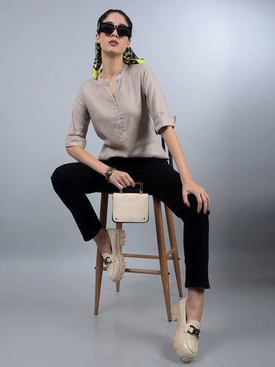 Beige V-Neck Linen Top-Women Tops-Crimsoune Club