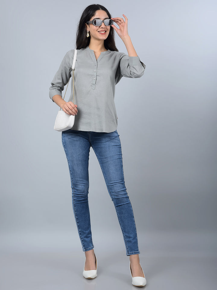 Green V-Neck Linen Top-Women Tops-Crimsoune Club