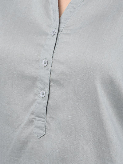 Green V-Neck Linen Top-Women Tops-Crimsoune Club