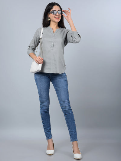 Green V-Neck Linen Top-Women Tops-Crimsoune Club