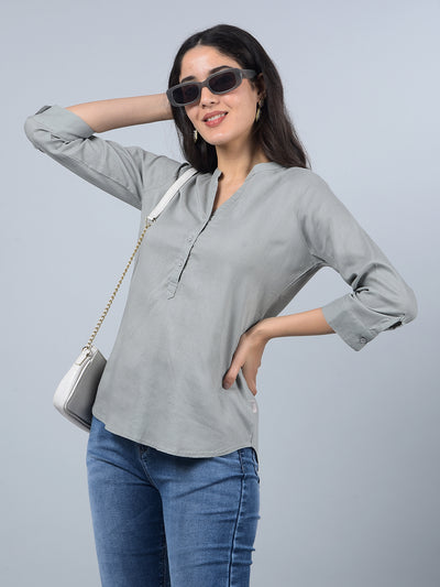 Green V-Neck Linen Top-Women Tops-Crimsoune Club