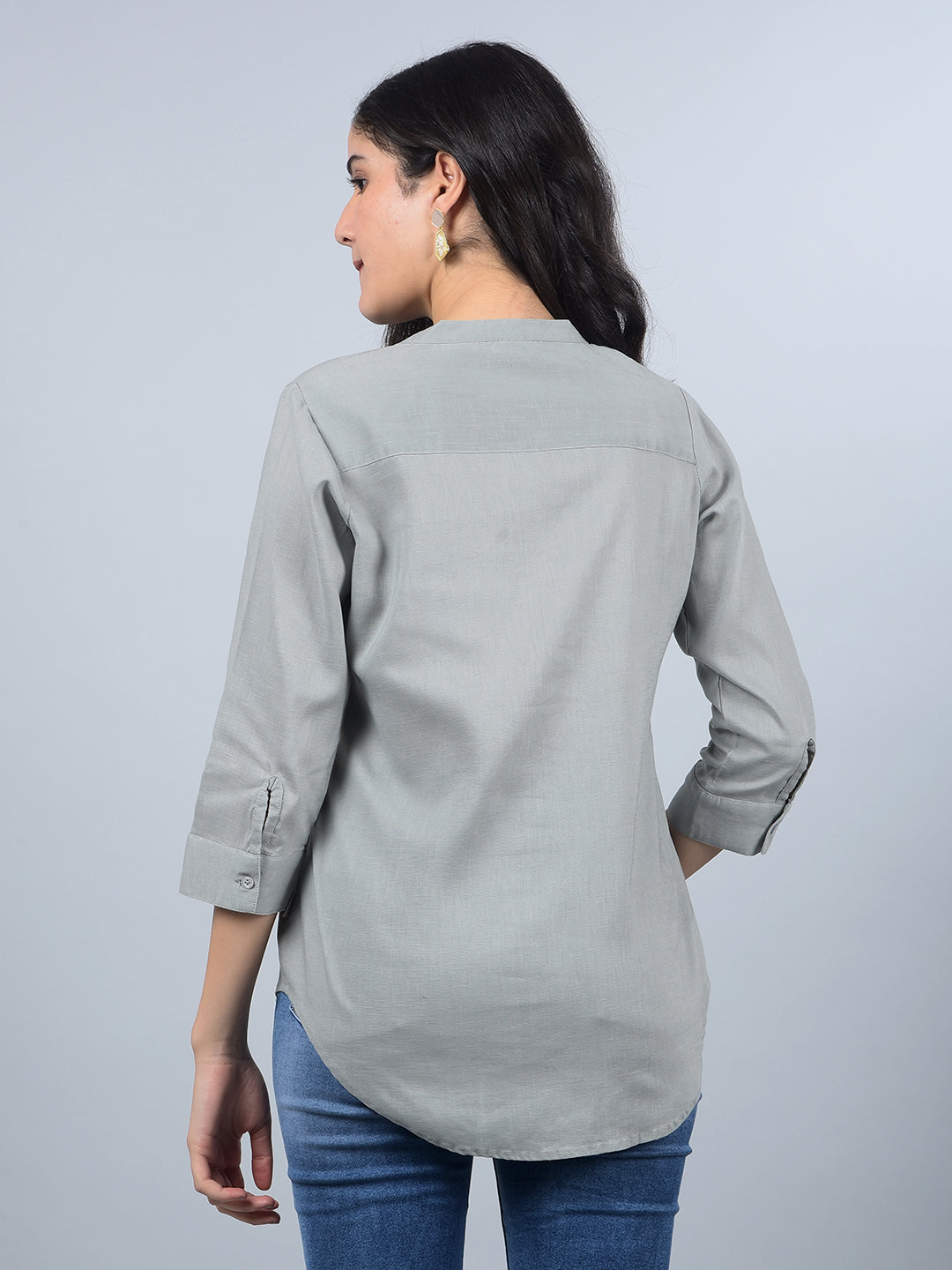 Green V-Neck Linen Top-Women Tops-Crimsoune Club