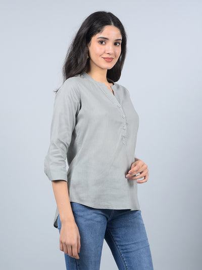 Green V-Neck Linen Top-Women Tops-Crimsoune Club