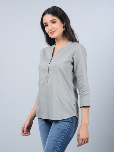 Green V-Neck Linen Top-Women Tops-Crimsoune Club