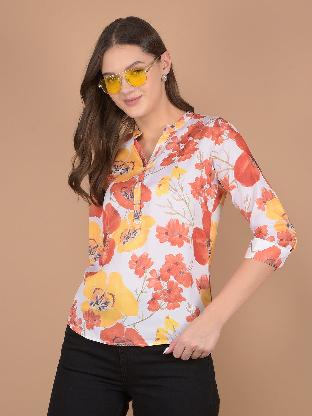 Orange Floral Print V-Neck Top-Women Tops-Crimsoune Club