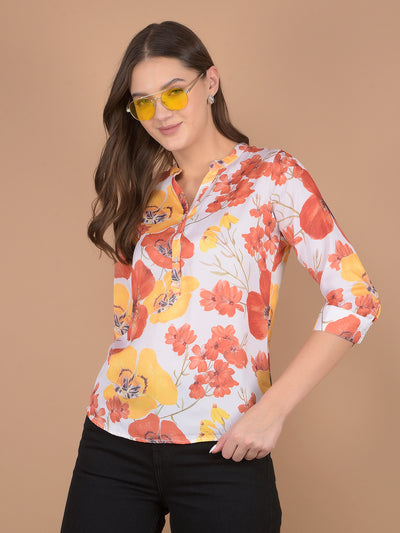 Orange Floral Print V-Neck Top-Women Tops-Crimsoune Club