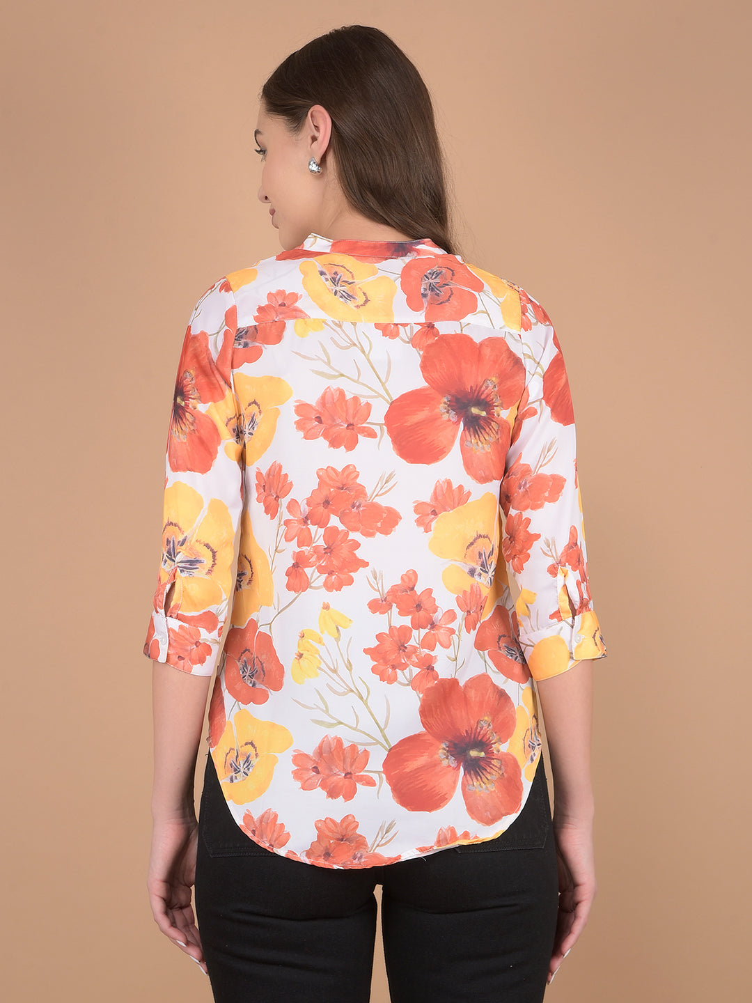 Orange Floral Print V-Neck Top-Women Tops-Crimsoune Club
