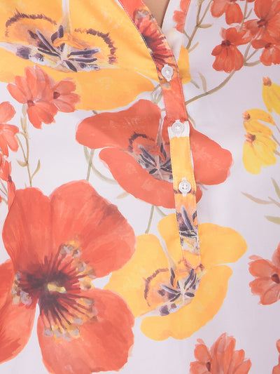 Orange Floral Print V-Neck Top-Women Tops-Crimsoune Club
