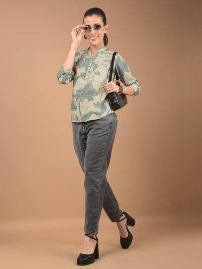 Green Floral Print Mandarin Collar Linen Top-Women Tops-Crimsoune Club