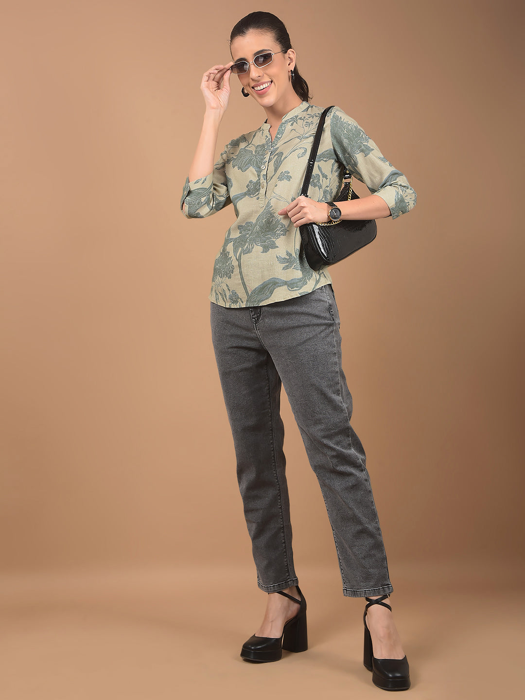 Green Floral Print Mandarin Collar Linen Top-Women Tops-Crimsoune Club