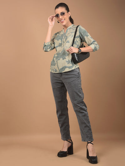 Green Floral Print Mandarin Collar Linen Top-Women Tops-Crimsoune Club