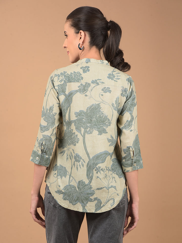 Green Floral Print Mandarin Collar Linen Top-Women Tops-Crimsoune Club