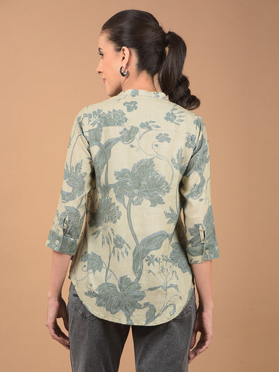 Green Floral Print Mandarin Collar Linen Top-Women Tops-Crimsoune Club