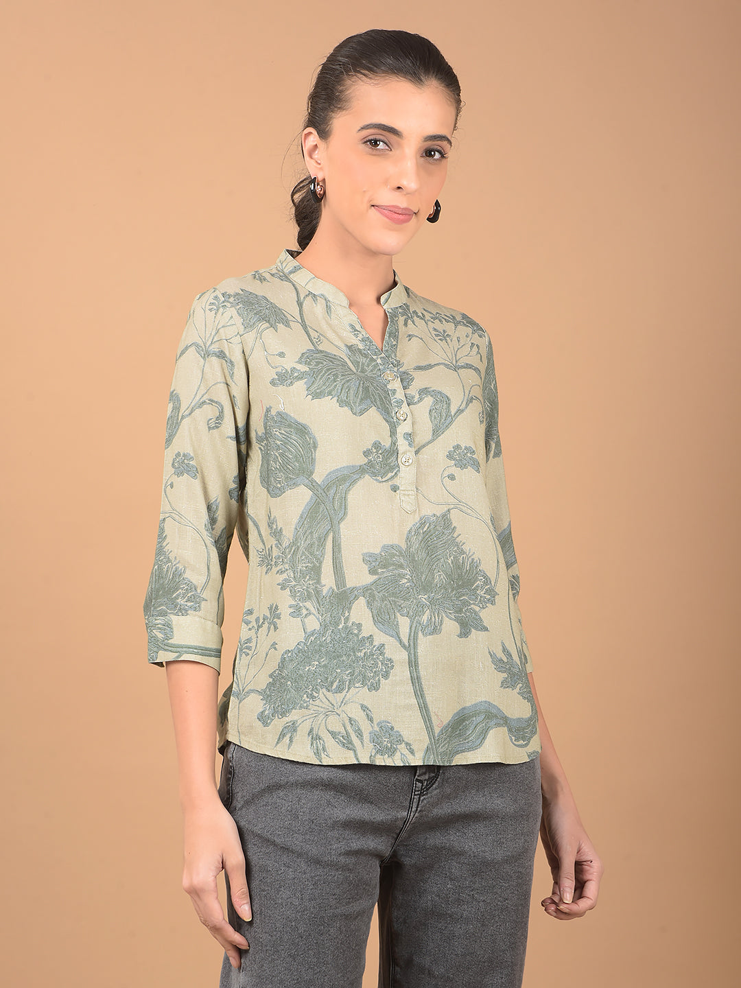 Green Floral Print Mandarin Collar Linen Top-Women Tops-Crimsoune Club