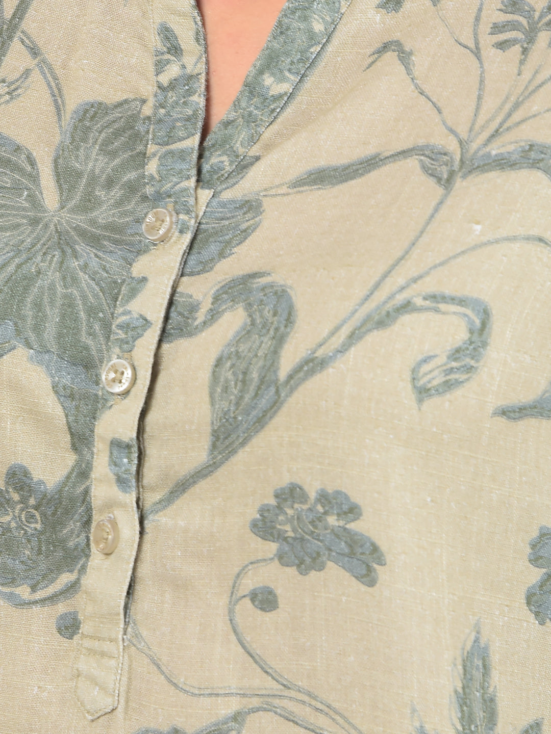 Green Floral Print Mandarin Collar Linen Top-Women Tops-Crimsoune Club
