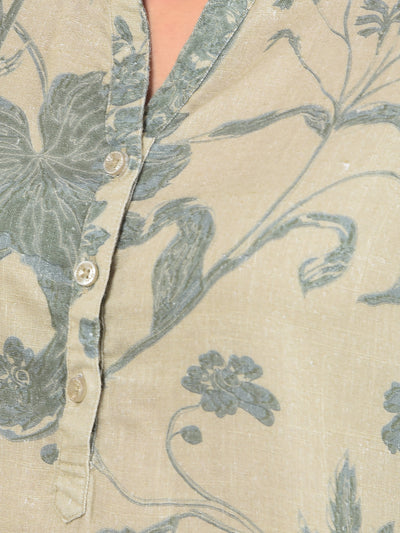 Green Floral Print Mandarin Collar Linen Top-Women Tops-Crimsoune Club