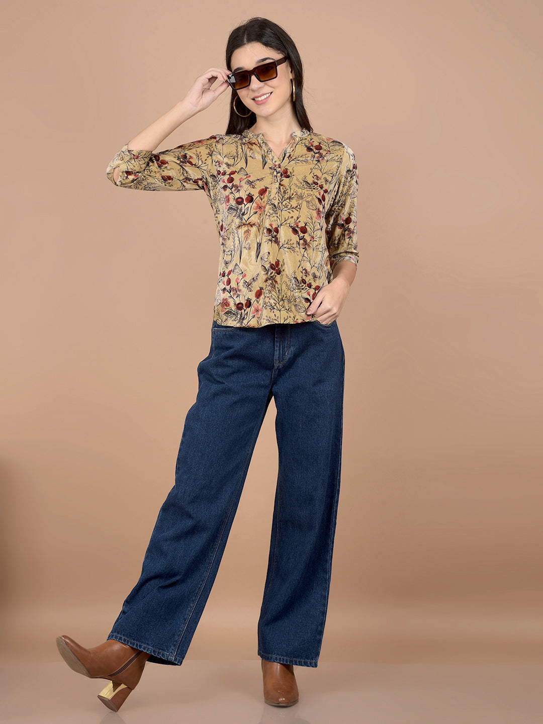 Brown Floral Print V-Neck Top-Women Tops-Crimsoune Club