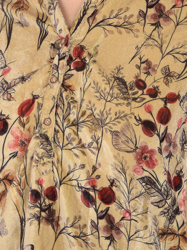 Brown Floral Print V-Neck Top-Women Tops-Crimsoune Club