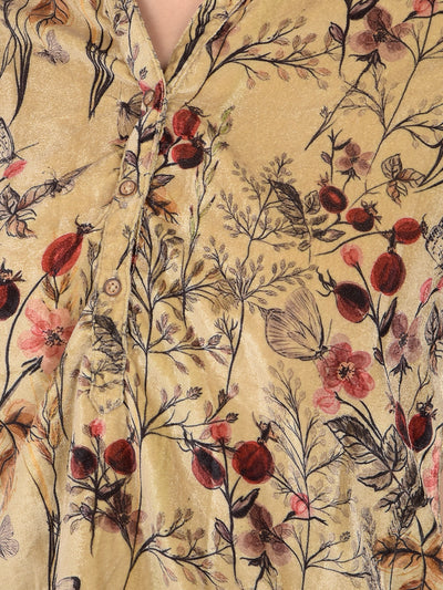 Brown Floral Print V-Neck Top-Women Tops-Crimsoune Club