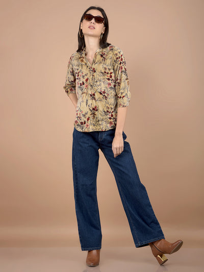 Brown Floral Print V-Neck Top-Women Tops-Crimsoune Club