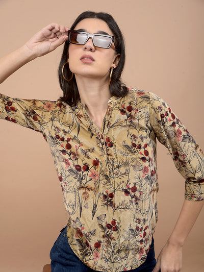 Brown Floral Print V-Neck Top-Women Tops-Crimsoune Club