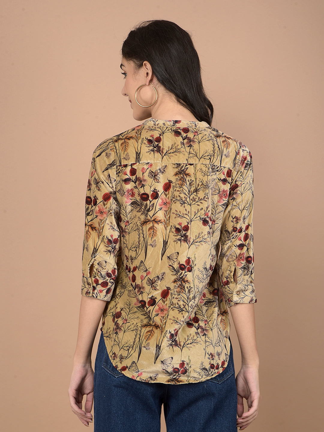 Brown Floral Print V-Neck Top-Women Tops-Crimsoune Club
