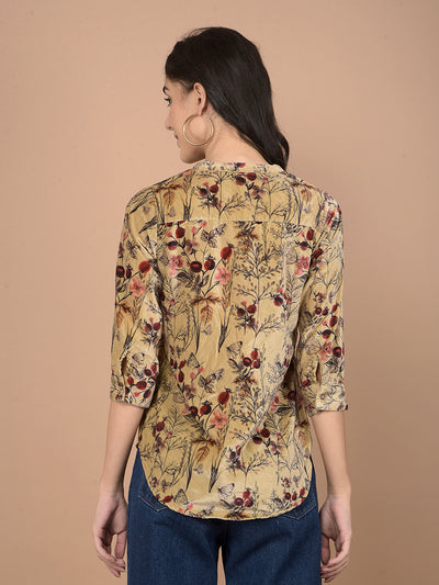 Brown Floral Print V-Neck Top-Women Tops-Crimsoune Club