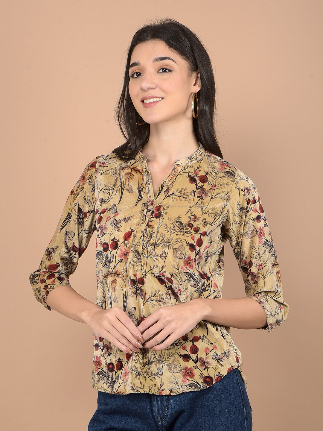 Brown Floral Print V-Neck Top-Women Tops-Crimsoune Club