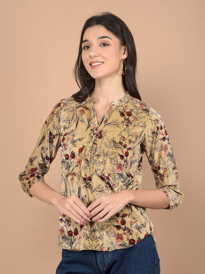 Brown Floral Print V-Neck Top-Women Tops-Crimsoune Club