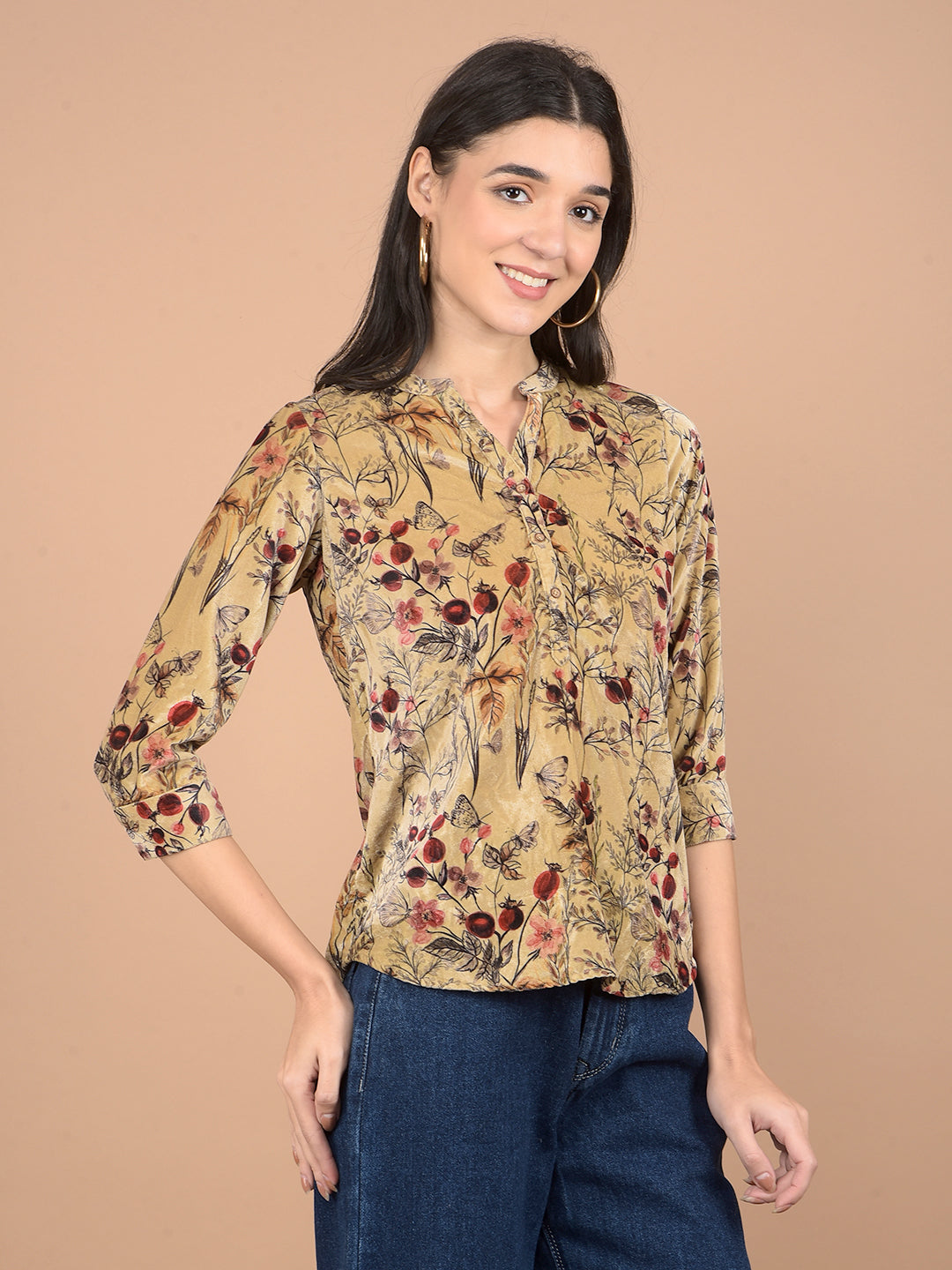 Brown Floral Print V-Neck Top-Women Tops-Crimsoune Club