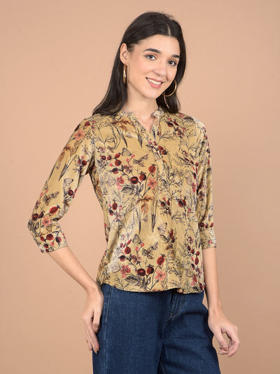 Brown Floral Print V-Neck Top-Women Tops-Crimsoune Club