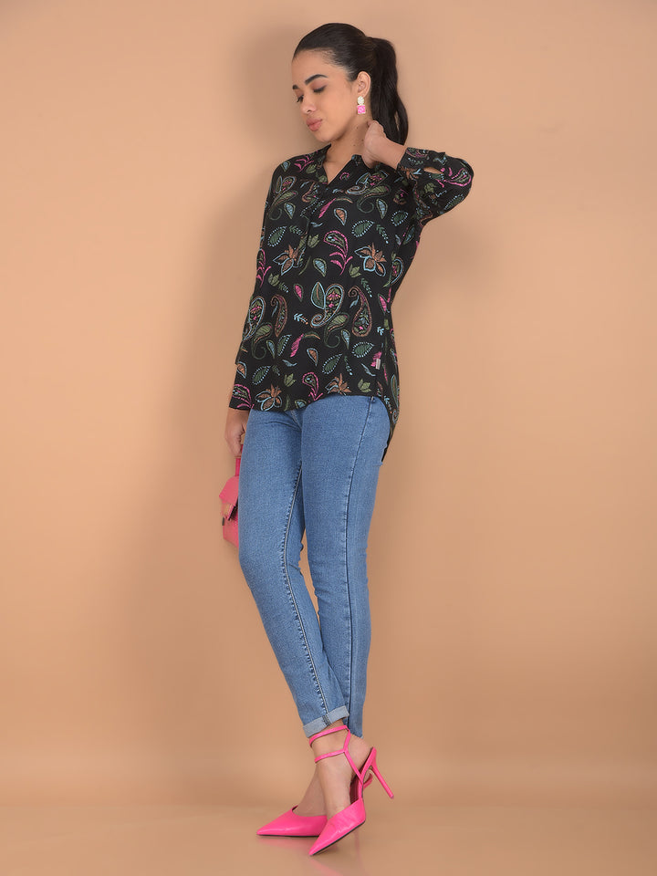 Black Floral Print V-Neck Top-Women Tops-Crimsoune Club