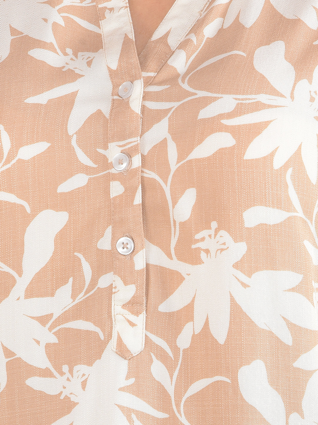 Beige Floral Print V-Neck Top-Women Tops-Crimsoune Club