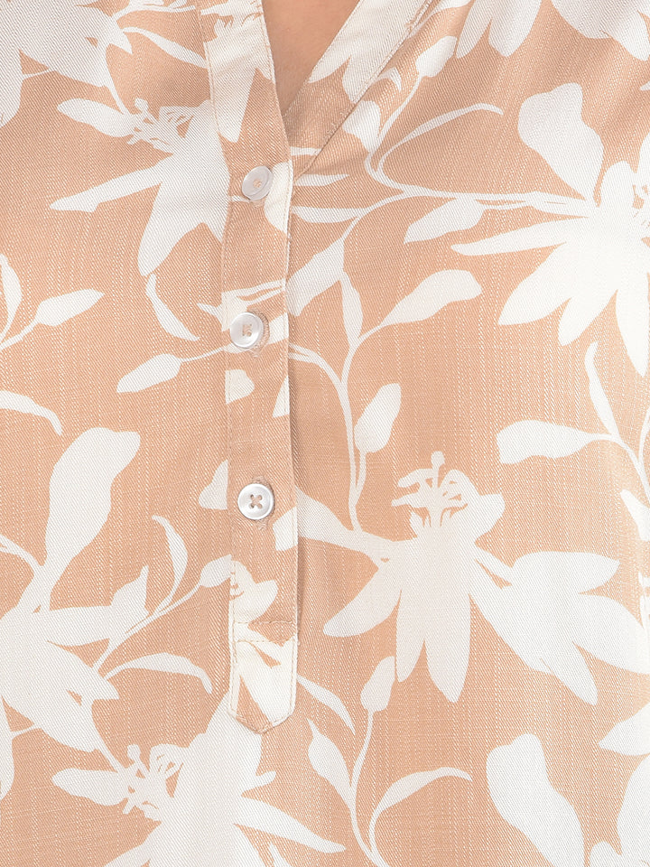 Beige Floral Print V-Neck Top-Women Tops-Crimsoune Club