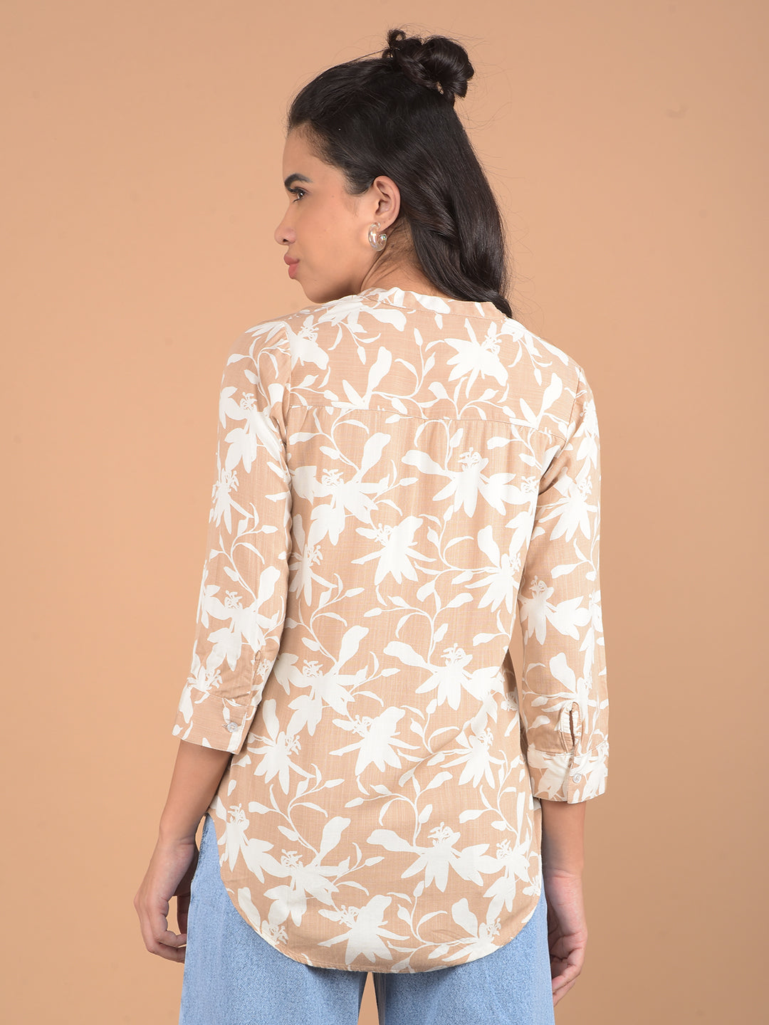 Beige Floral Print V-Neck Top-Women Tops-Crimsoune Club