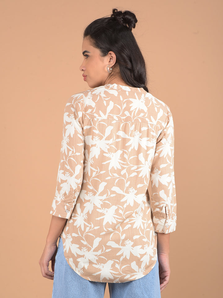 Beige Floral Print V-Neck Top-Women Tops-Crimsoune Club