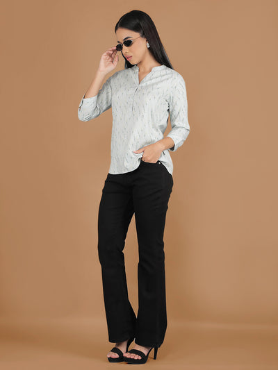 Green Floral Print Mandarin Collar Top-Women Tops-Crimsoune Club
