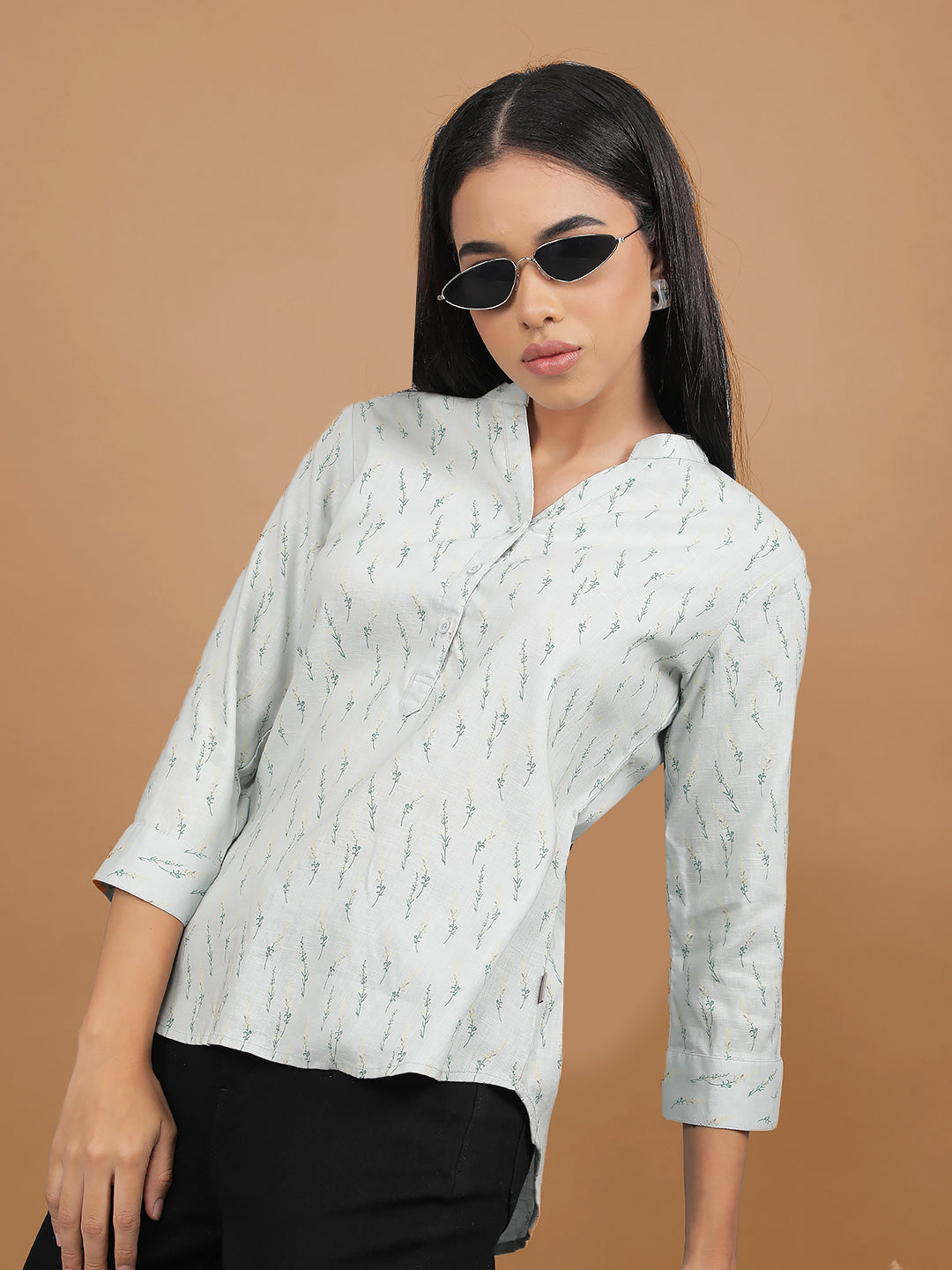 Green Floral Print Mandarin Collar Top-Women Tops-Crimsoune Club