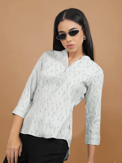 Green Floral Print Mandarin Collar Top-Women Tops-Crimsoune Club
