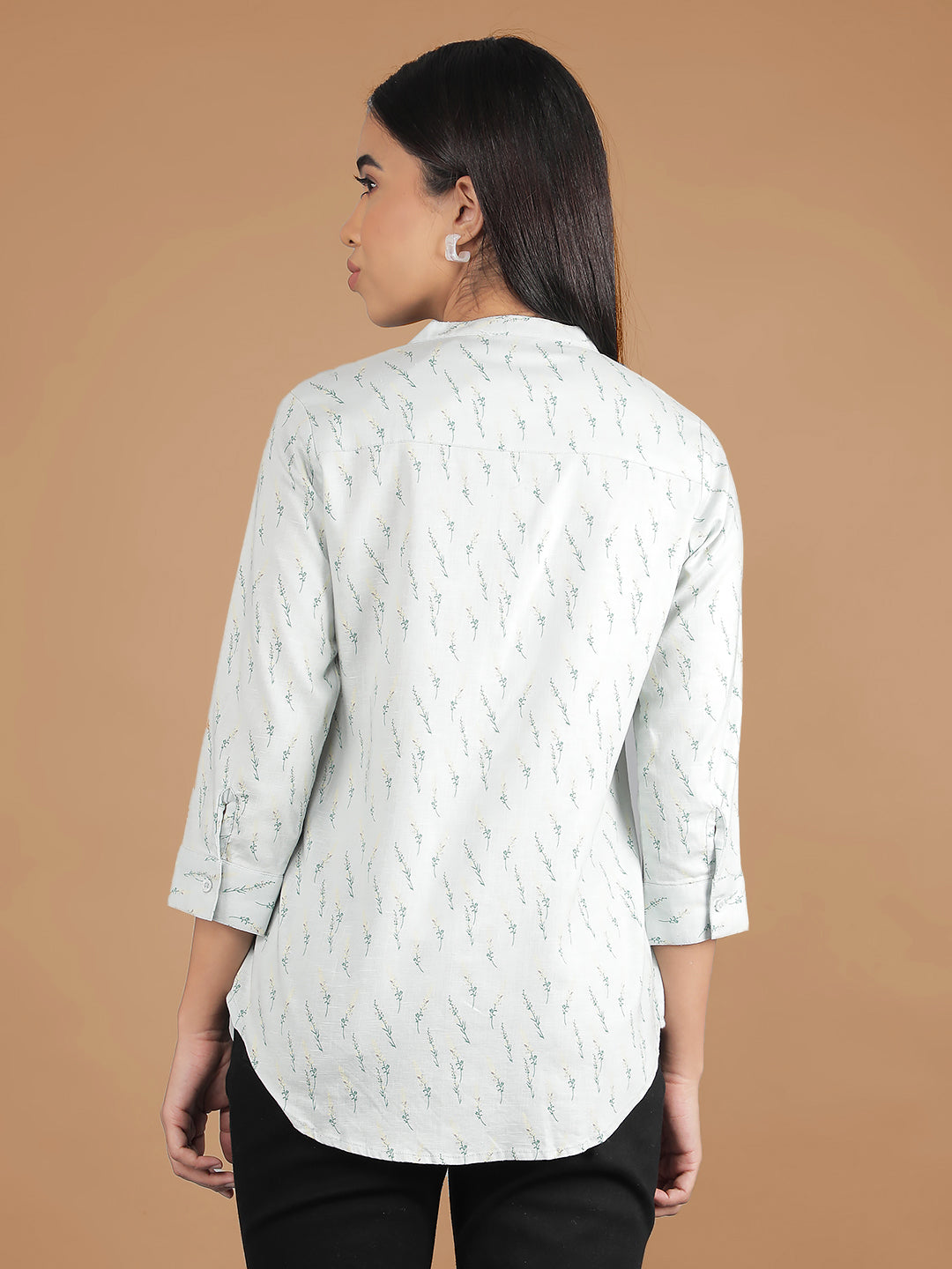 Green Floral Print Mandarin Collar Top-Women Tops-Crimsoune Club