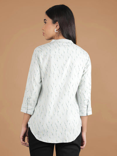 Green Floral Print Mandarin Collar Top-Women Tops-Crimsoune Club