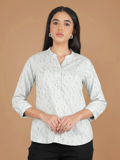 Green Floral Print Mandarin Collar Top-Women Tops-Crimsoune Club